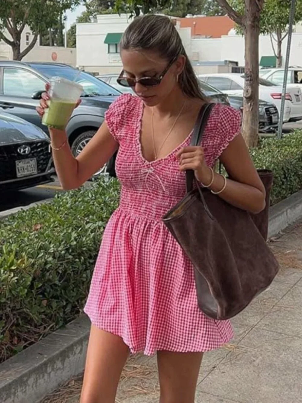 Womens Summer Gingham V Neck Puff Sleeve Smocked Wide Leg Romper Red Small - Picture 1 of 6